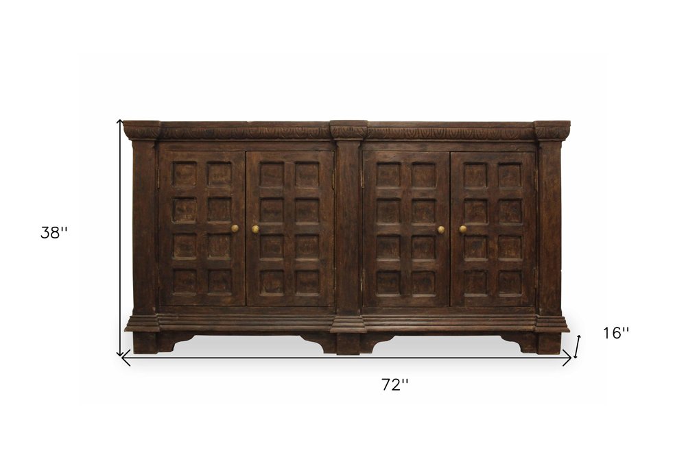 72" Brown Distressed Solid Wood Carved Geometric Buffet Table with Four Doors