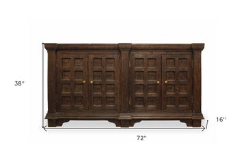72" Brown Distressed Solid Wood Carved Geometric Buffet Table with Four Doors