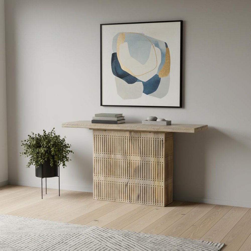 54" Ivory Solid Wood Distressed Pedestal Console Table