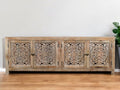 86" Natural Carved Floral Distressed Solid Wood Enclosed Storage TV Stand
