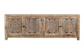 86" Natural Carved Floral Distressed Solid Wood Enclosed Storage TV Stand
