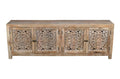 86" Natural Carved Floral Distressed Solid Wood Enclosed Storage TV Stand