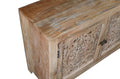 86" Natural Carved Floral Distressed Solid Wood Enclosed Storage TV Stand