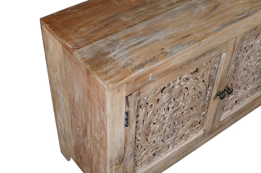 86" Natural Carved Floral Distressed Solid Wood Enclosed Storage TV Stand