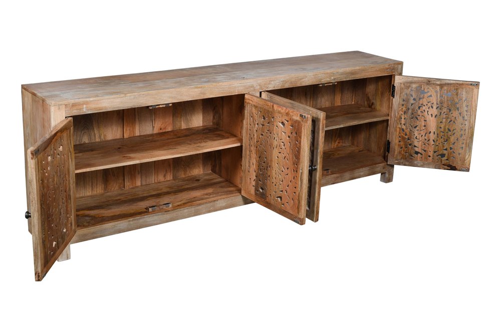 86" Natural Carved Floral Distressed Solid Wood Enclosed Storage TV Stand