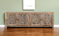86" Natural Carved Floral Distressed Solid Wood Enclosed Storage TV Stand