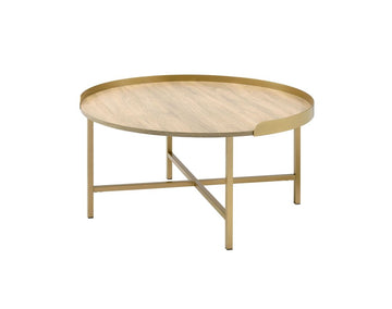 34" Oak and Gold Wood And Metal Round Sled Coffee Table