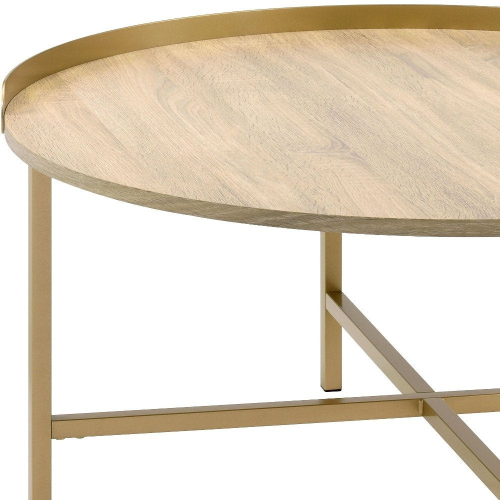 34" Oak and Gold Wood And Metal Round Sled Coffee Table