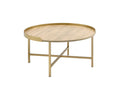 34" Oak and Gold Wood And Metal Round Sled Coffee Table