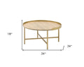 34" Oak and Gold Wood And Metal Round Sled Coffee Table
