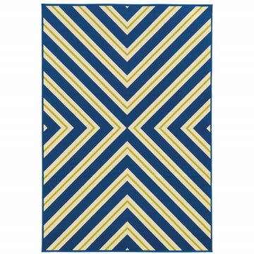 9' X 13' Blue and Ivory Geometric Stain Resistant Indoor Outdoor Area Rug