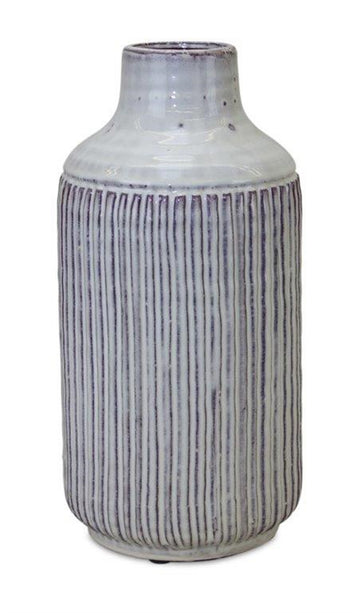 12" White and Brown Ribbed Cylinder Terracotta Table Vase