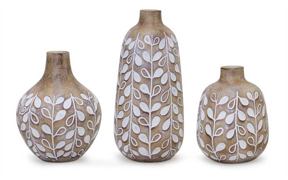 Set of three 9" Polyresin Brown and White Leaf Round Table Vase