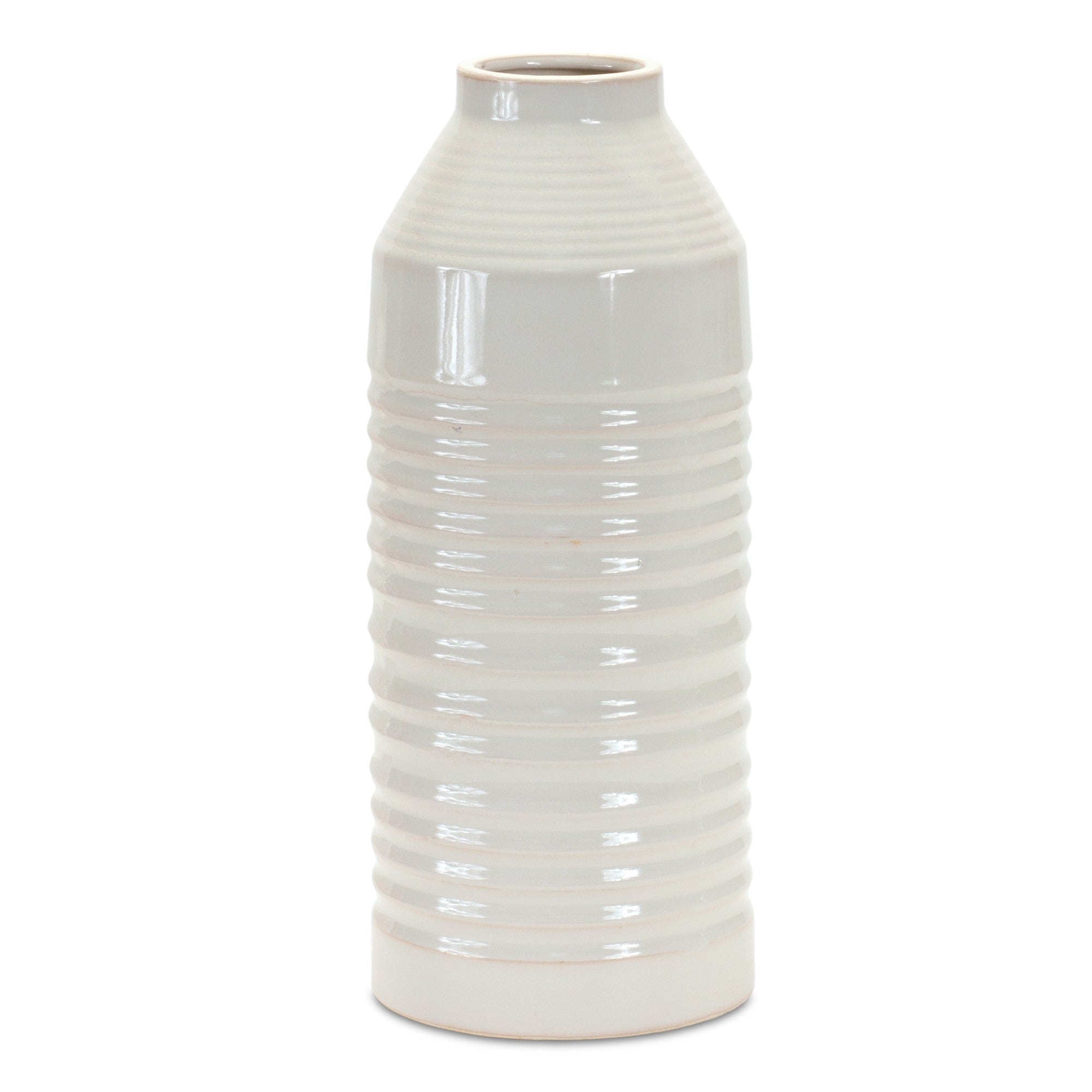 15" White Ribbed Cylinder Terracotta Table Vase