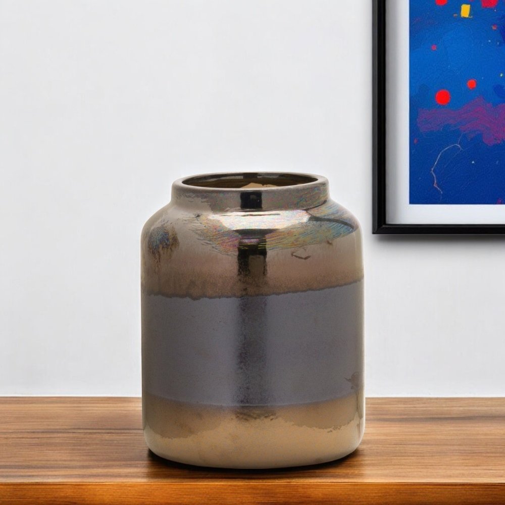 9" Black and Blue Striped Cylinder Clay Table Vase