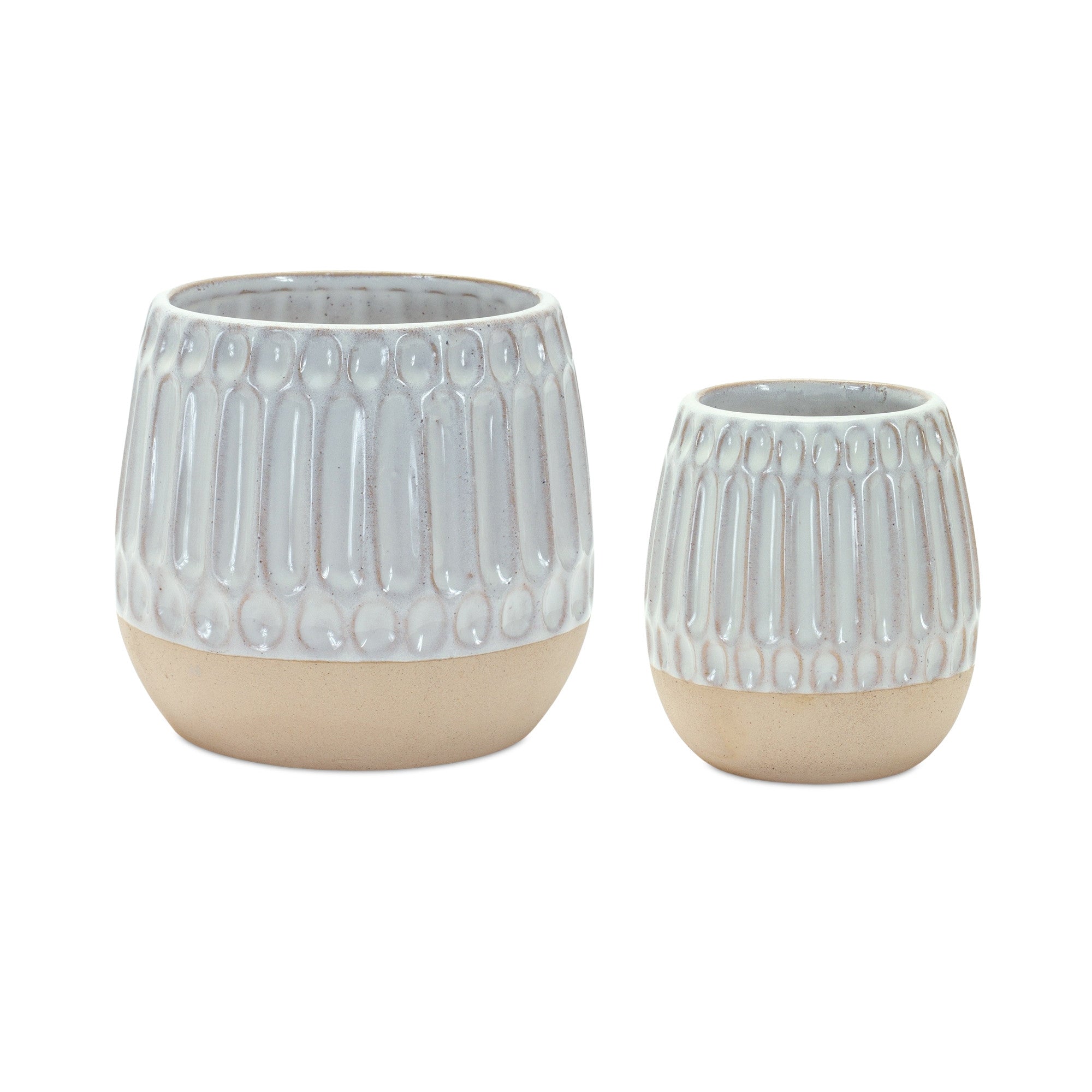 Set of Two Beige and White Ribbed Round Porcelain Table Vase