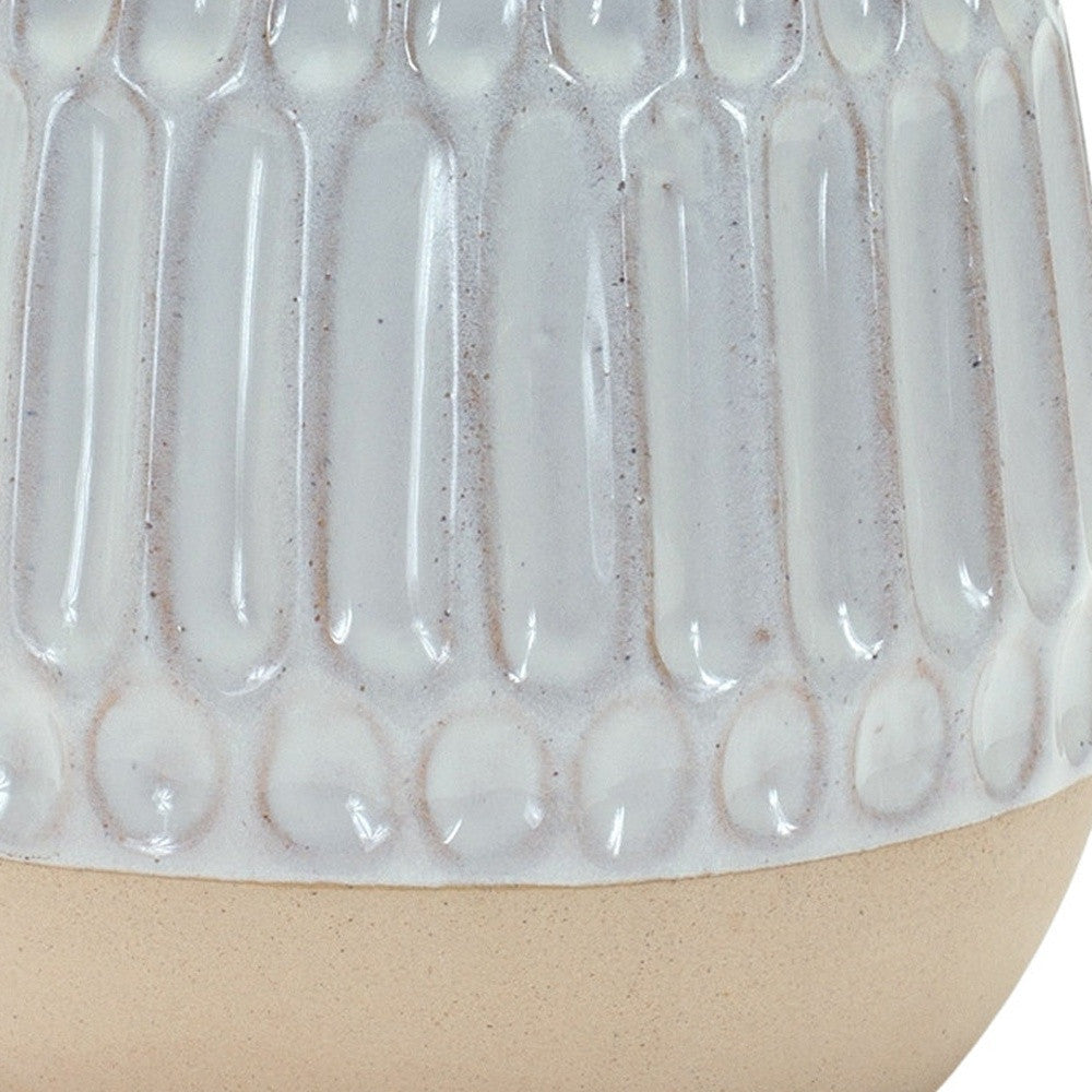 Set of Two Beige and White Ribbed Round Porcelain Table Vase