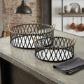 Set of Two Black and Tan Round Bamboo Serving Tray With Handles