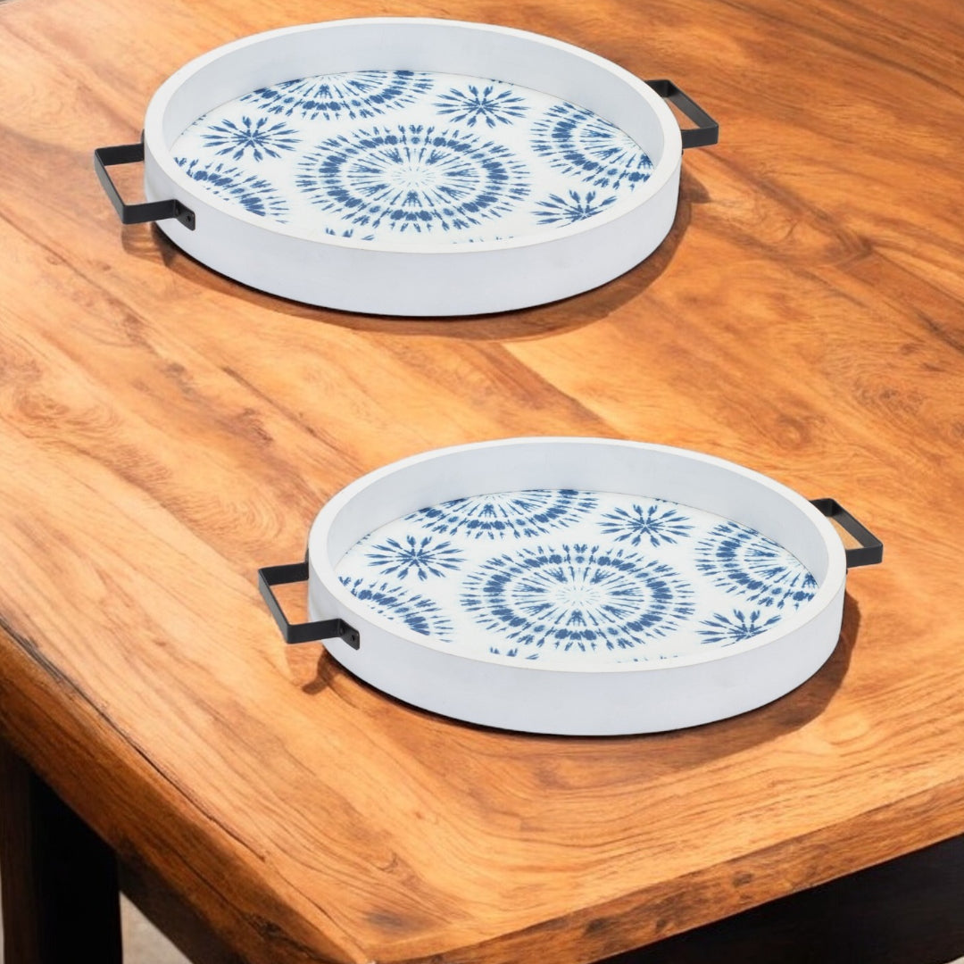 Set of Two Blue Round Solid Wood Vanity Tray With Handles