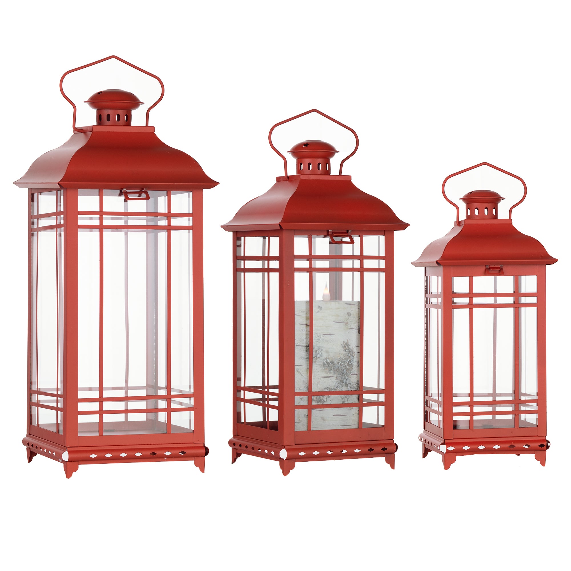 Set of Three Red Glass and Metal Geometric Floor Lantern Candle Holders