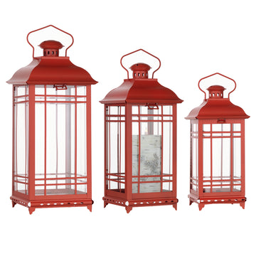 Set of Three Red Glass and Metal Geometric Floor Lantern Candle Holders