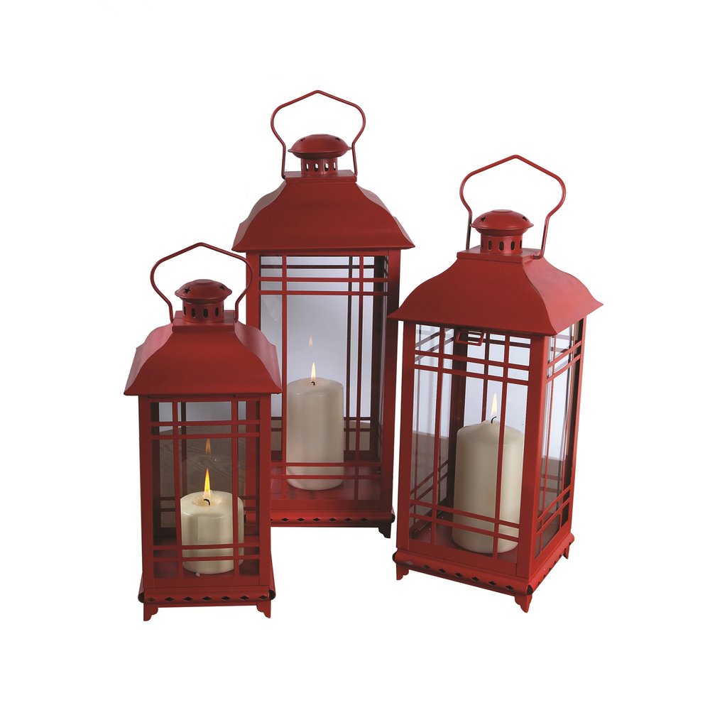 Set of Three Red Geometric Glass And Metal Floor Lantern Candle Holders