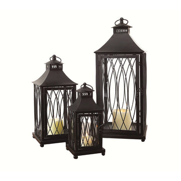 Set of Three Black Geometric Glass And Metal Floor Lantern Candle Holders