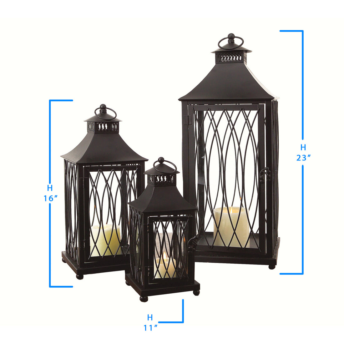 Set of Three Black Glass and Metal Geometric Floor Lantern Candle Holders