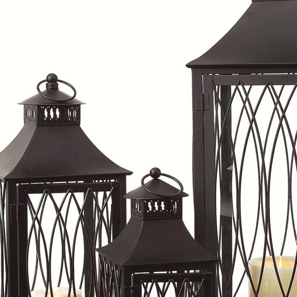 Set of Three Black Geometric Glass And Metal Floor Lantern Candle Holders