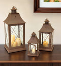 Set of Three Brown Lattice Glass And Metal Floor Lantern Candle Holders