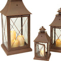 Set of Three Brown Lattice Glass And Metal Floor Lantern Candle Holders