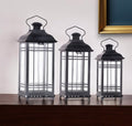 Set of Three Gray Distressed Geometric Glass And Metal Floor Lantern Candle Holders
