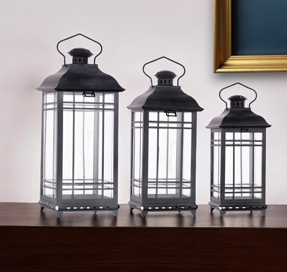 Set of Three Gray Distressed Geometric Glass And Metal Floor Lantern Candle Holders