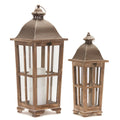 Set of Two Natural Distressed Ornate Solid Wood Tabletop Lantern Candle Holders