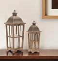 Set of Two Natural Distressed Ornate Solid Wood Tabletop Lantern Candle Holders