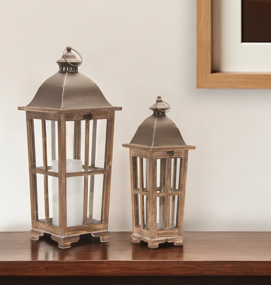 Set of Two Natural Distressed Ornate Solid Wood Tabletop Lantern Candle Holders