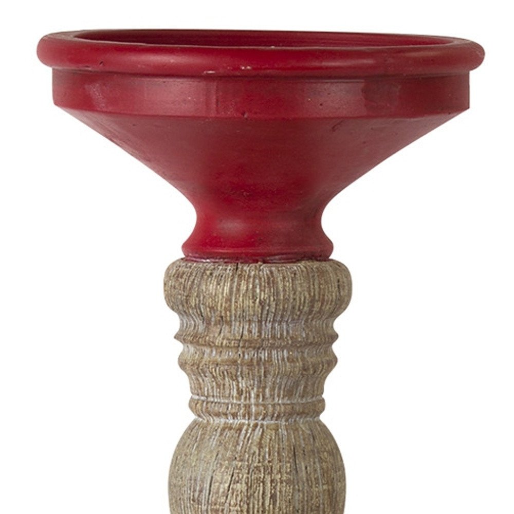 Set of Three Red And Natural Ornate Resin Tabletop Pillar Candle Holders