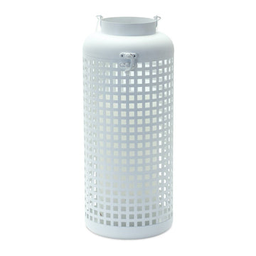 14" White Distressed Lattice Iron Floor Lantern Candle Holder