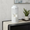 14" White Distressed Lattice Iron Floor Lantern Candle Holder