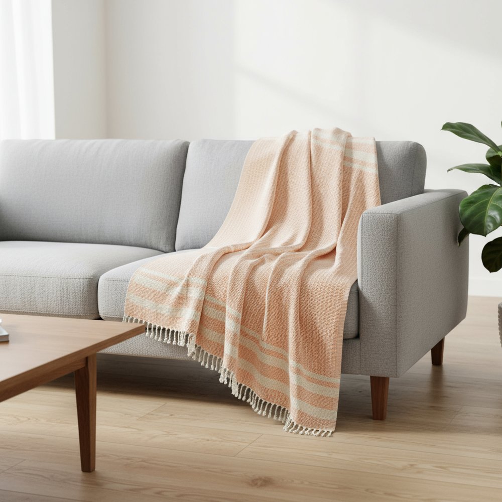 50" X 60" Blue and White Woven Cotton Striped Throw Blanket with Fringe