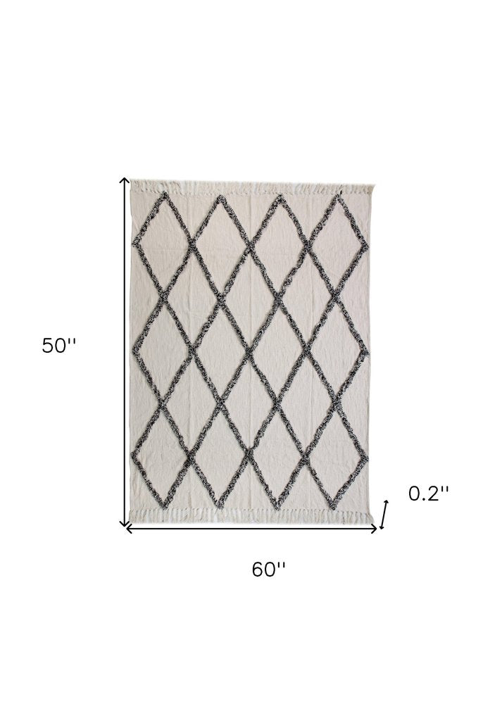 60" X 50" Cream Woven Cotton Geometric Throw Blanket with Fringe