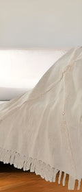 60" X 50" Cream Woven Cotton Throw Blanket with Fringe