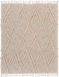 60" X 50" Beige Woven Cotton Geometric Throw Blanket with Fringe