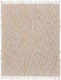 60" X 50" Beige Woven Cotton Geometric Throw Blanket with Fringe