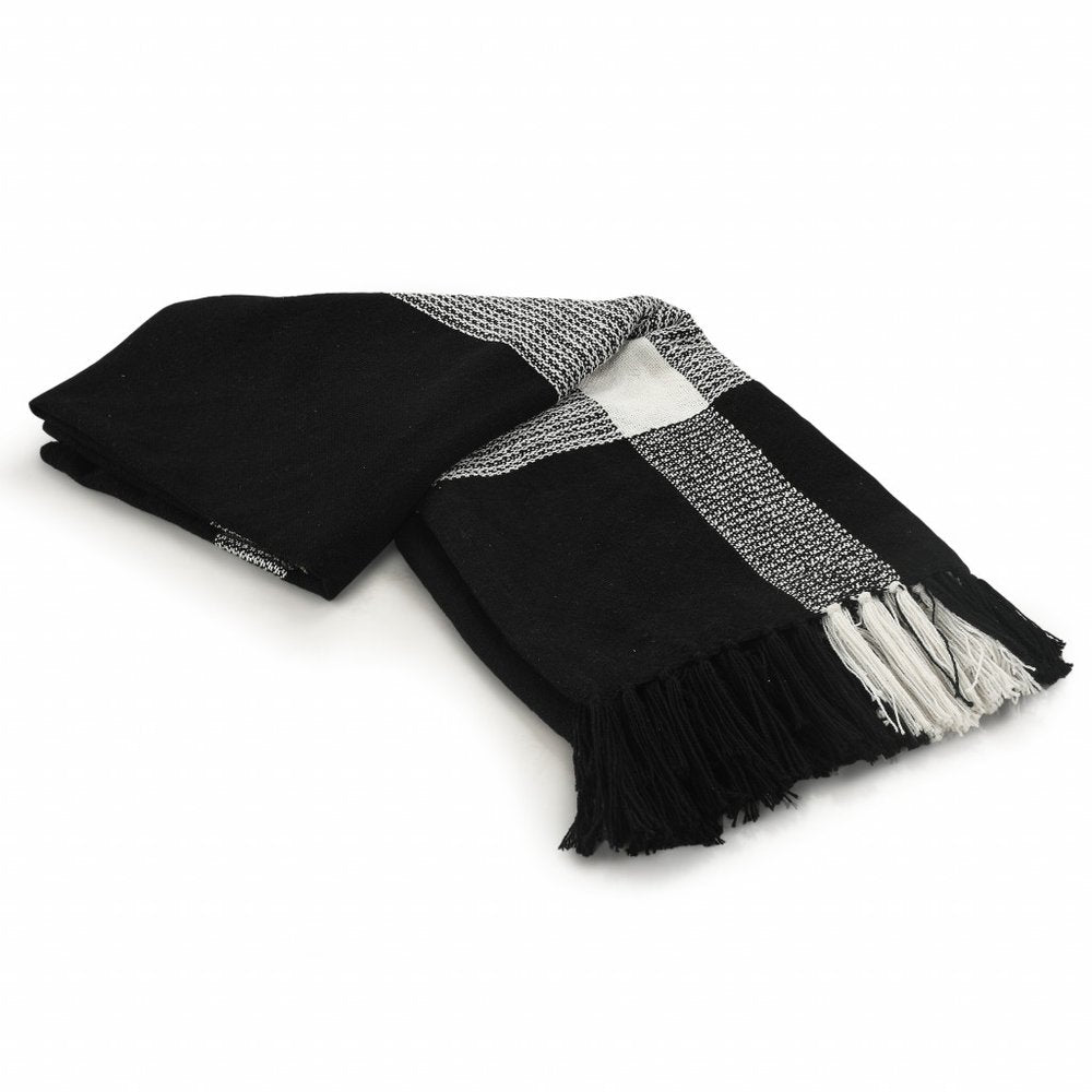 50" X 60" Gray Woven Cotton Checkered Throw Blanket with Fringe