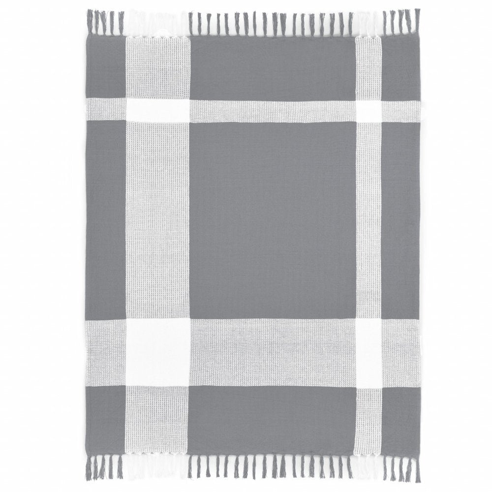 50" X 60" Gray Woven Cotton Checkered Throw Blanket with Fringe