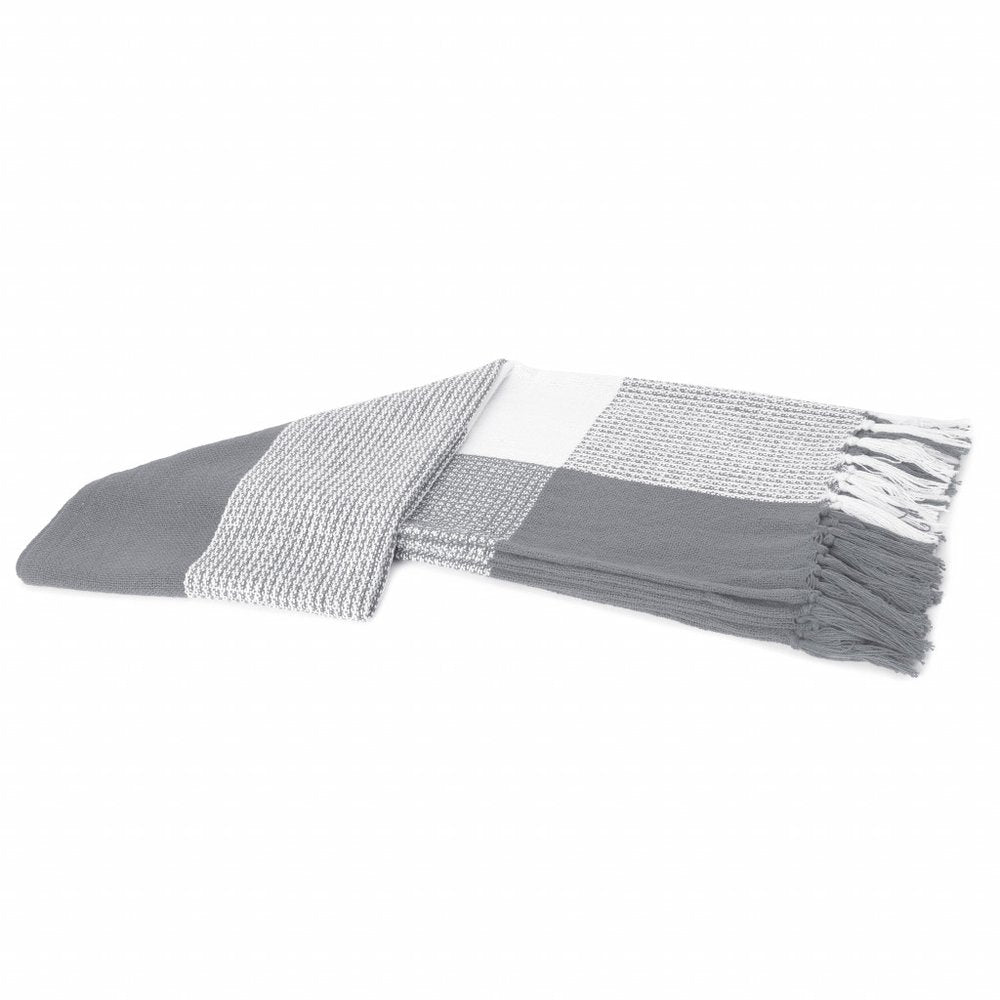 50" X 60" Gray Woven Cotton Checkered Throw Blanket with Fringe