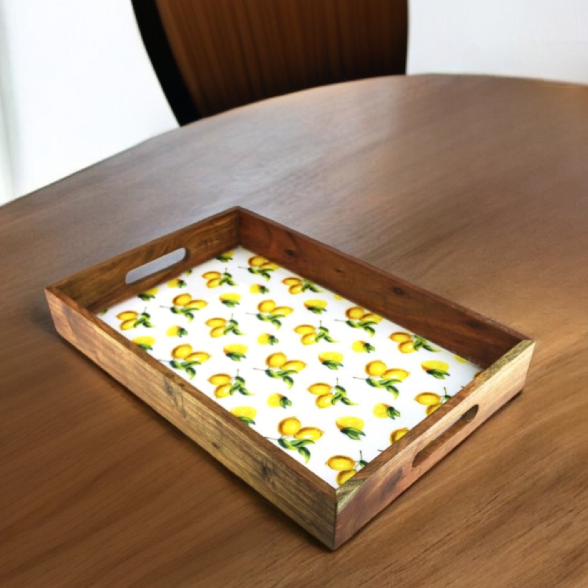 18" Brown and White Solid Wood Lemon Serving Tray With Handles