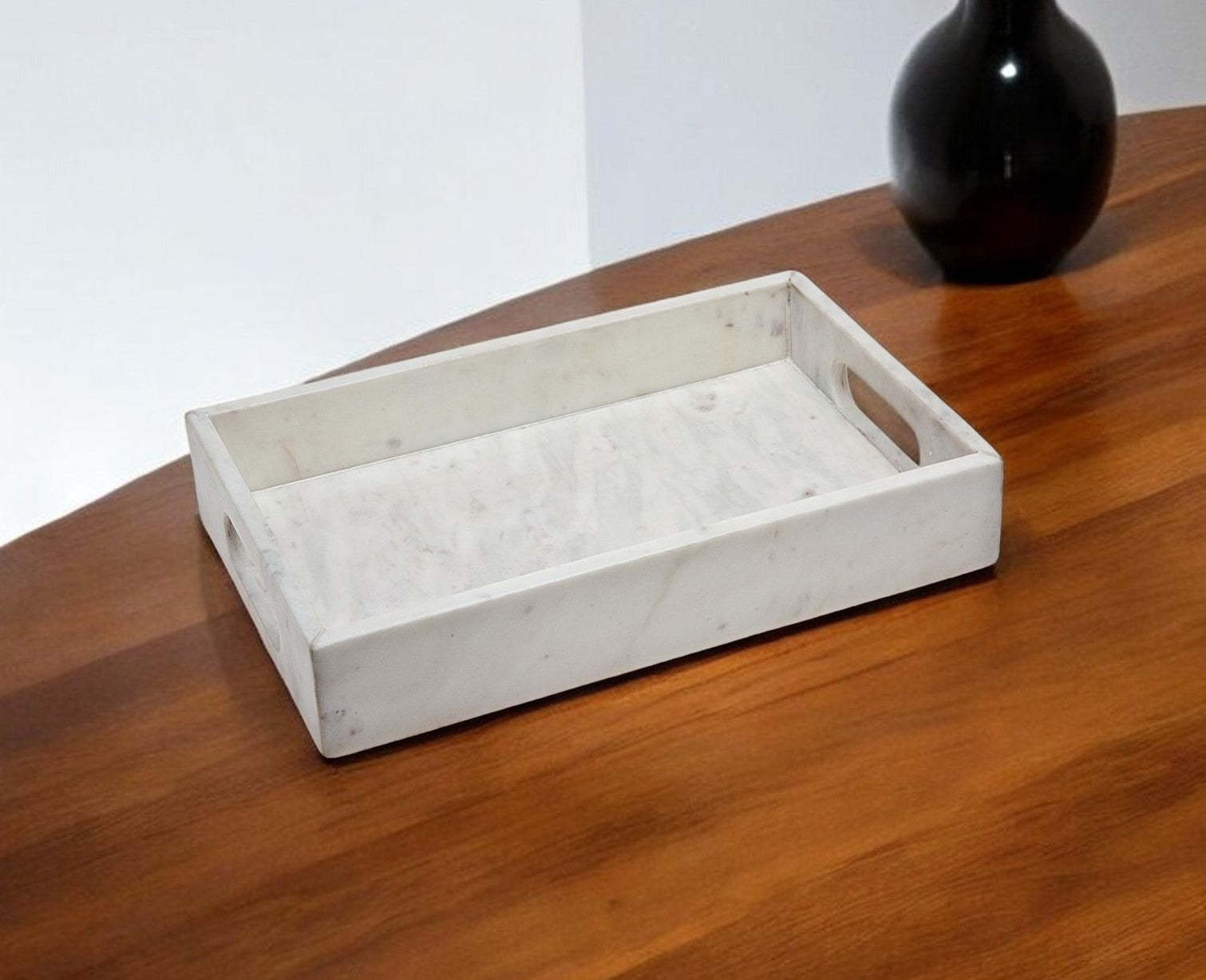 16" White Rectangular Marble Serving Tray With Handles