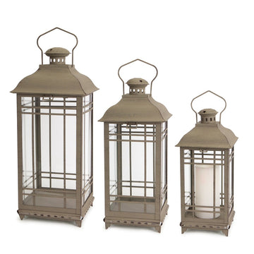 Set of Three Brown Distressed Geometric Glass And Metal Floor Lantern Candle Holders